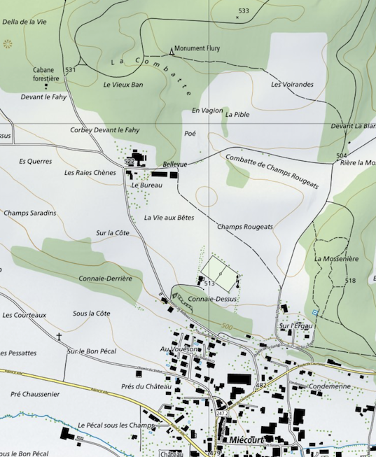 Carte actuelle de Miécourt avec emplacement du monument