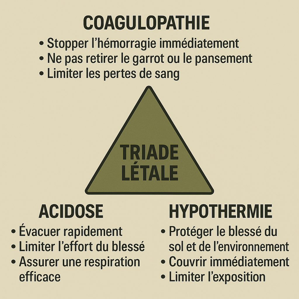 Infographie : Triade létale (TCCC/TECC) — Coagulopathie, Acidose, Hypothermie et actions simples du combattant